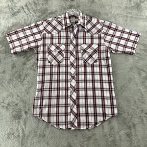 Roper Western Pearl Snap Shirt Short Sleeve Mens M White Red Plaid Silver Thread